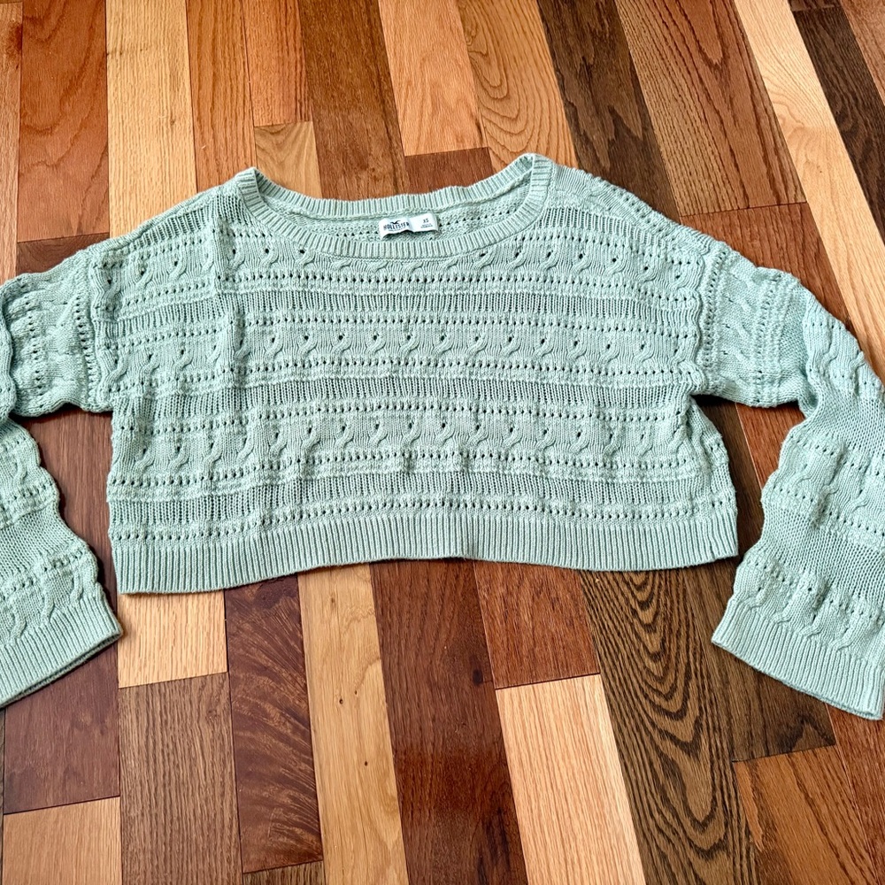 Hollister Sage Green Cropped Openwork Knit Sweater